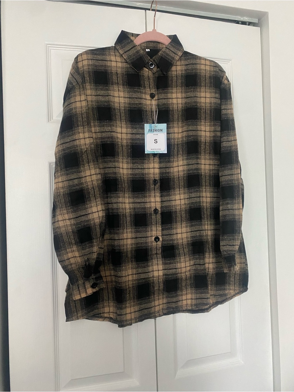 Women’s Black and Tan Plaid Flannel Button-Up Shirt - Size S